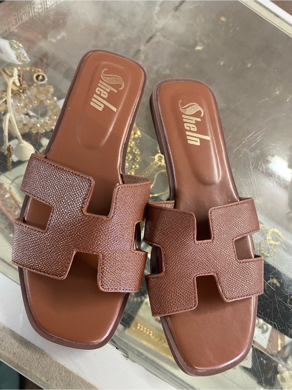 SHEIN Brown Textured Cutout Slide Mules